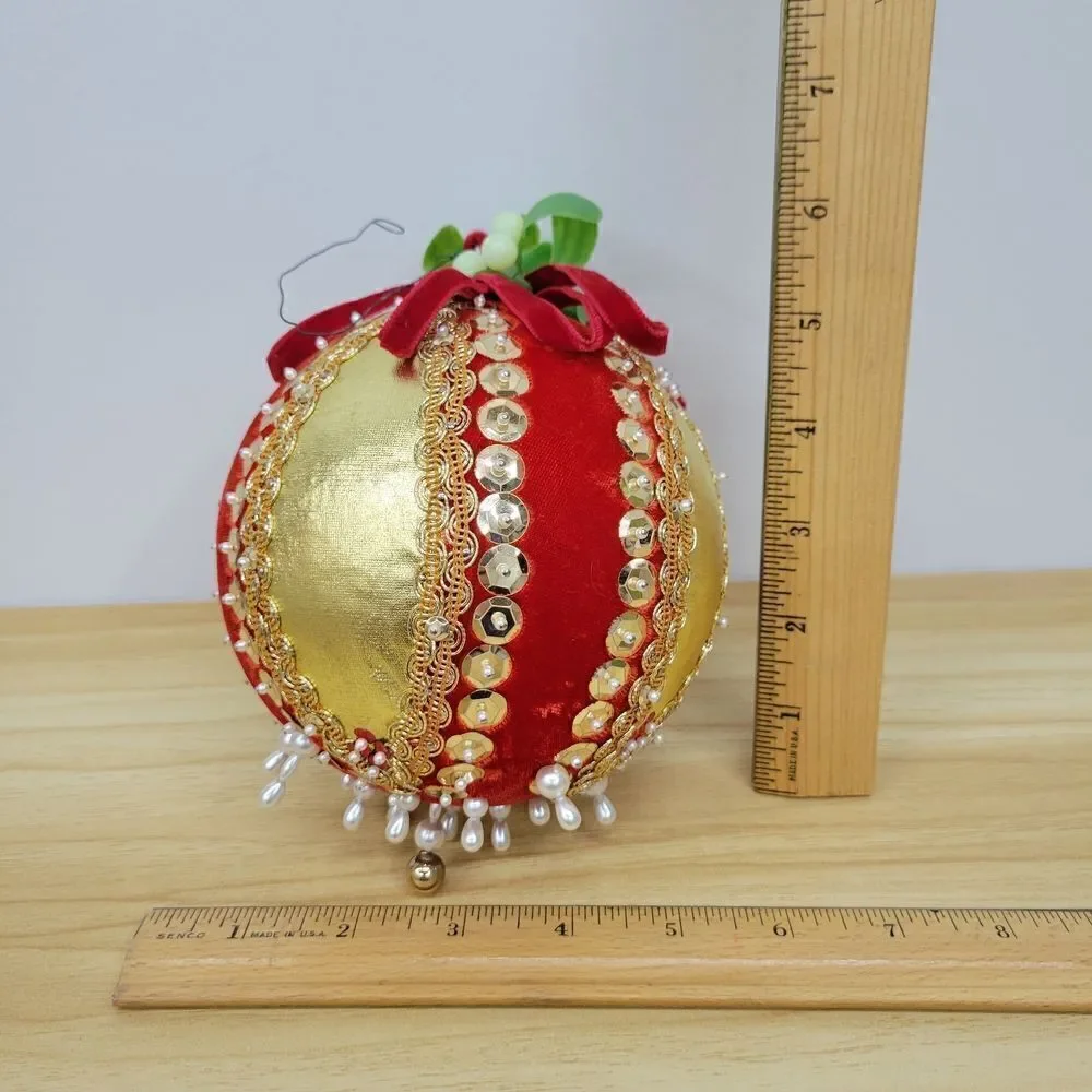 Elegant Vintage Red and Gold Pusg Pin Beaded Sequin MCM Extra Large Ornament